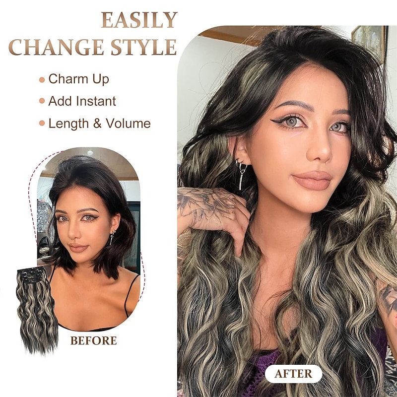 Clip in Hair Extensions Black Mix Blonde (Black with Blonde Highlights) Hairpieces for Women Long Wavy Hair Extensions Synthetic2