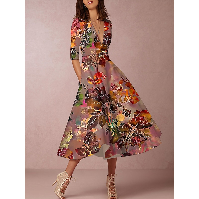 Women's Midi Dress Party Dress Cocktail Dress Wedding Guest Dress Swing Dress Fashion Party Modern Formal Winter Dress Vacation Regular Fit Floral 3/4 Length Sleeve Deep V Red Blue Green Spring Fall2