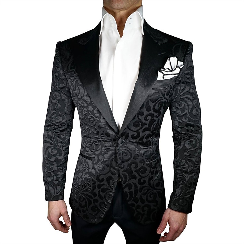 Men's Wedding Party Tuxedos Party Black Floral Tailored Fit 3 Piece Single Breasted One-button3