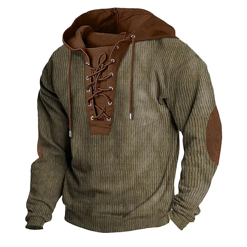 Men's Hoodie Army Green Navy Blue Brown Khaki Hooded Color Block Lace up Patchwork Ribbed Sports & Outdoor Daily Holiday Corduroy Streetwear Cool Casual Spring &  Fall Clothing Apparel Hoodies2