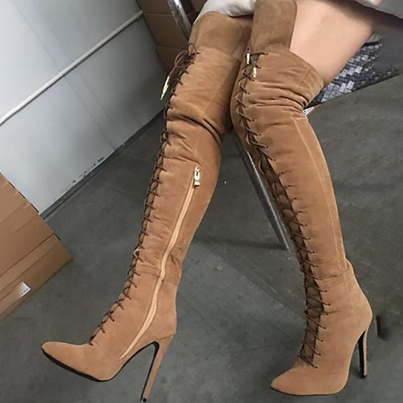 Women's Lace-Up Over-the-Knee Boots - Black & Burgundy Thigh-High Stiletto Heels for Winter Fashion and Night Out4