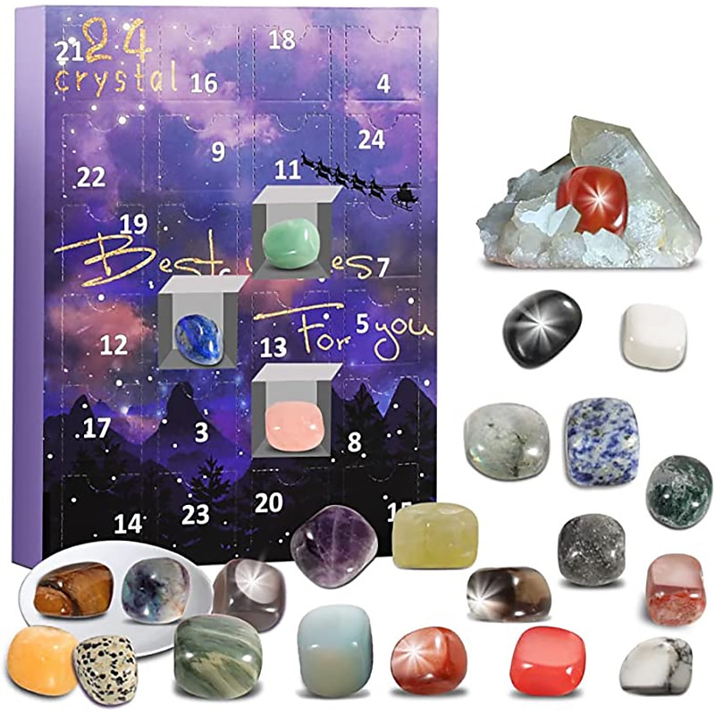 Christmas Advent Calendar, 24pcs Ore Blind Box Crystal Advent Calendar Rocks Minerals Fossils Advent Calendar for Kids and Adults Xmas Gifts