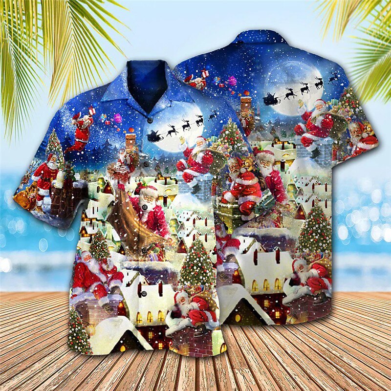 Men's Santa Claus Shirt Short Sleeve Shirt Turndown Christmas Street 3D Print Black Black / Red Red Blue Blue+Blue Print Button-Down Clothing Apparel Fashion Designer Casual Breathable4