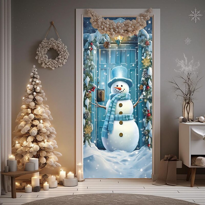 Christmas Door Decorations Snowman Door Covers Door Tapestry Door Curtain Xmas Decoration Backdrop Door Banner for Front Door Farmhouse Holiday Party Decor Supplies4
