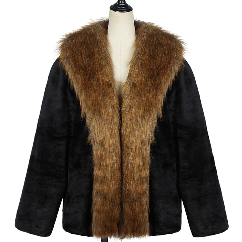 Men's Winter Coat Winter Jacket Faux Fur Coat Outdoor Daily Wear Warm Fall Winter Color Block Fashion Streetwear Lapel Regular Black Jacket3