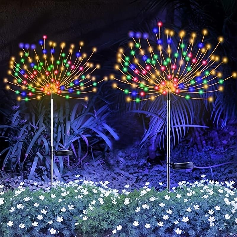 2pc Solar Firework Lights, Outdoor Solar Garden Lights, 90/120/150/200 LEDs Waterproof Copper Wire, 8 Lighting Modes Waterproof Solar Garden Firework Lights for Yard Backyard Path Festival Decor
