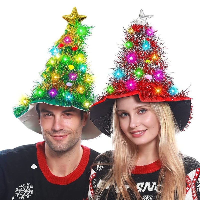 Christmas Hat 2 Pack Light Up Christmas Hats Funny Santa Hat with Tinsel 30 LED Colorful Lights Poms Christmas Costume Accessories for Adults Kids Xmas Tree Hat Holiday Party Theme Hats