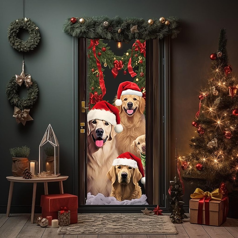 Christmas Door Decorations Dogs Door Covers Door Tapestry Door Curtain Decoration Xmas Backdrop Door Banner for Front Door Holiday Party Decor Supplies2