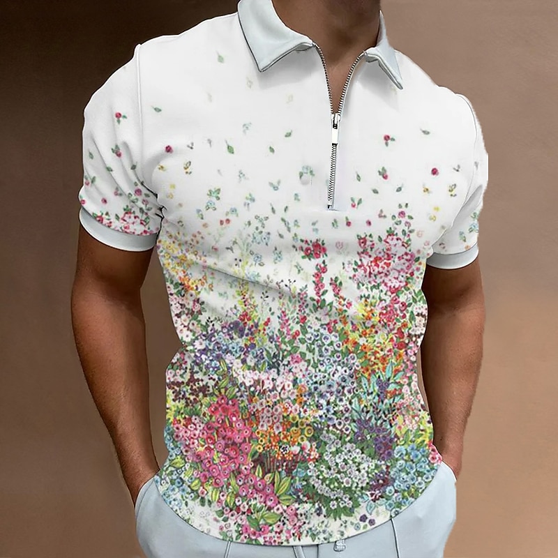 Men's Floral Hawaiian Polo Shirts Golf Shirt Short Sleeve Polo Shirts Collared Shirts Casual Beach Wear Vacation Wear Tropical Wear Party Outfits 3D Print Quarter Zip Polo Light Yellow White Pink4