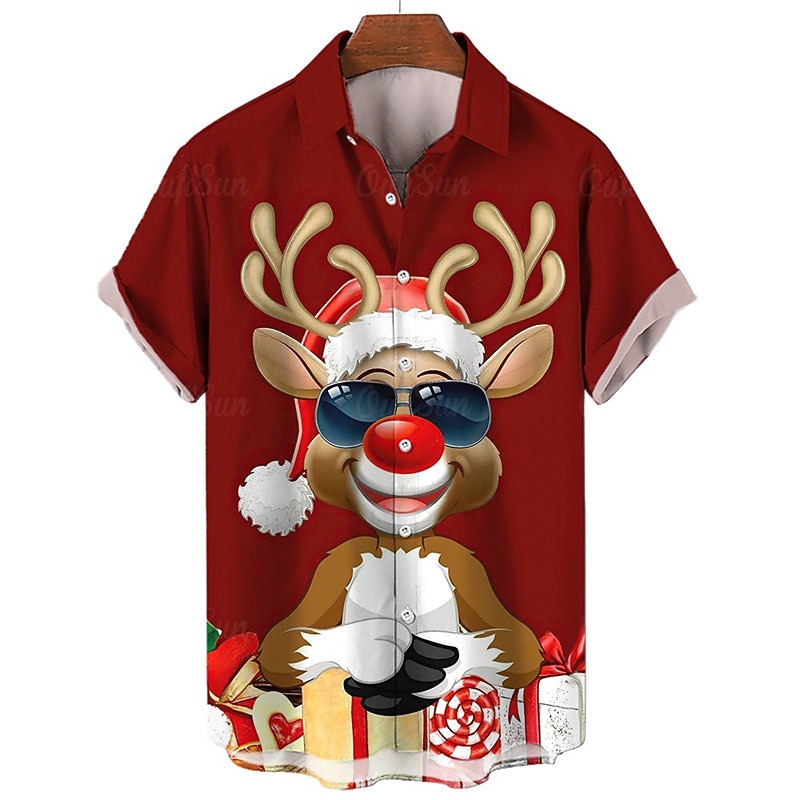 Christmas Men's Christmas animal Printed Shirts Tree Graphic Shirts Santa Claus Elk Casual Outdoor Street Fall Turndown Short Sleeve Burgundy Blue Dark Cotton