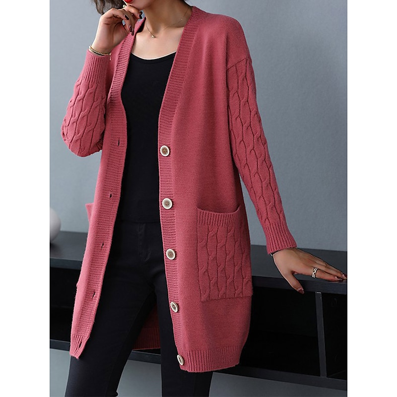 Women's Cardigan Sweater Stylish Casual Soft Solid Color Cable V Neck Buttons Pocket Long Sleeve Long Tops Knit Outdoor Daily Going out Black Red Fall Winter