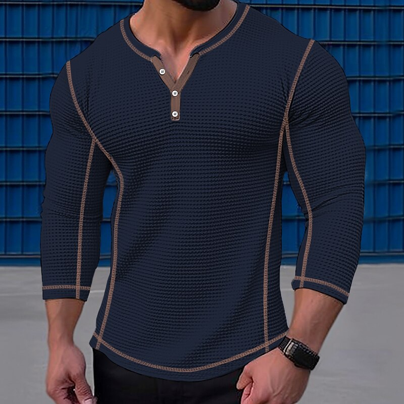 Men's Waffle Tee Button T Shirt T Shirt Waffle Henley Shirt Long Sleeve Henley Spring &  Fall Color Block Vintage Designer Basic Patchwork Vacation Street Going out Black White Navy Blue Top Tee for4
