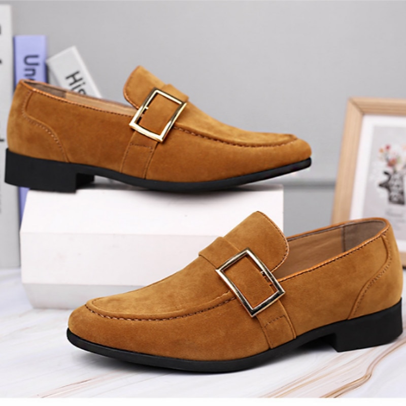 Men's Brown Faux Suede Loafers with Metal Buckle – Classic Slip-On Shoes for Everyday Comfort3