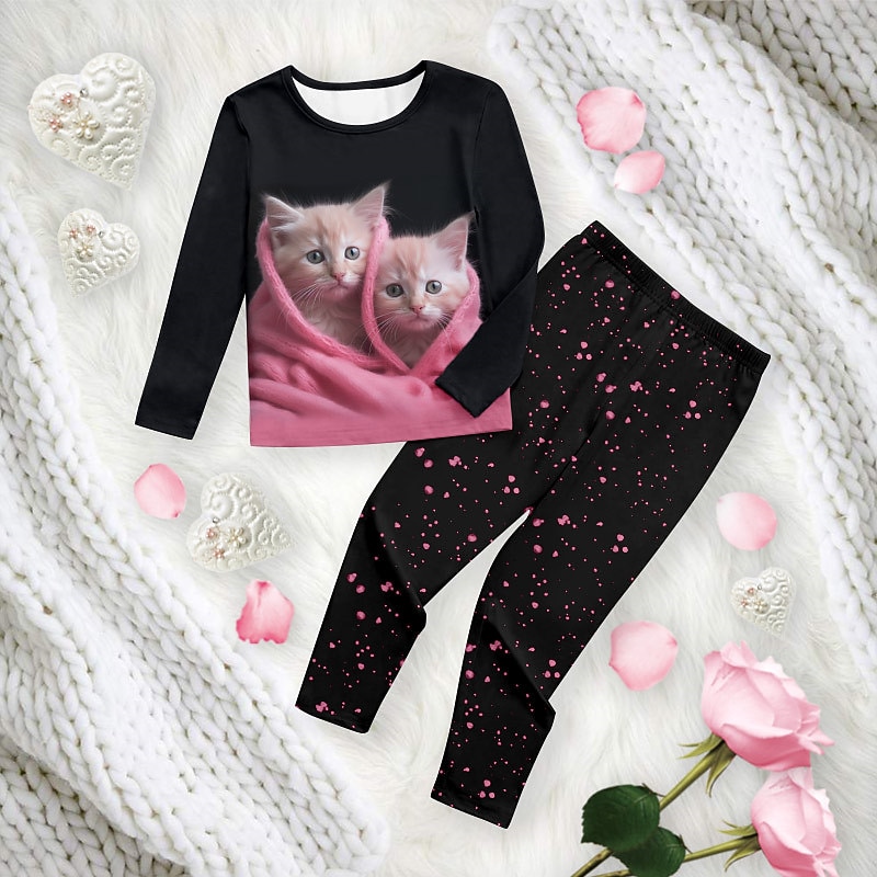 Girls' 3D Cat Pajama Sets Pink Long Sleeve 3D Print Fall Winter Active Fashion Cute Kids 3-12 Years Crew Neck Home Causal Indoor Regular Fit3