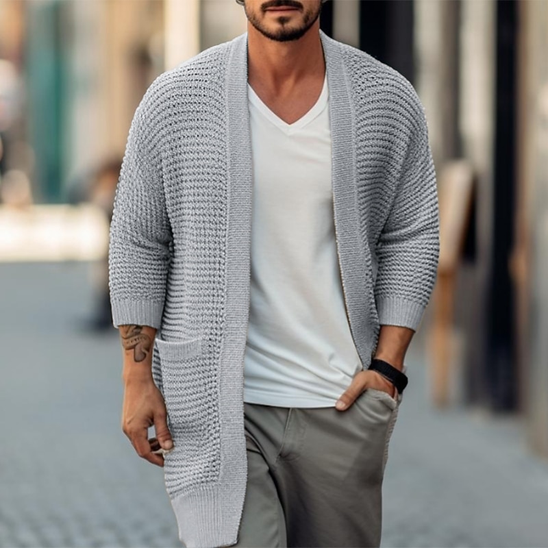 Men's Sweater Cardigan Sweater Ribbed Knit Long Pocket Knitted Plain Open Front Warm Ups Modern Contemporary Daily Wear Going out Clothing Apparel Winter Autumn Black White S M L2
