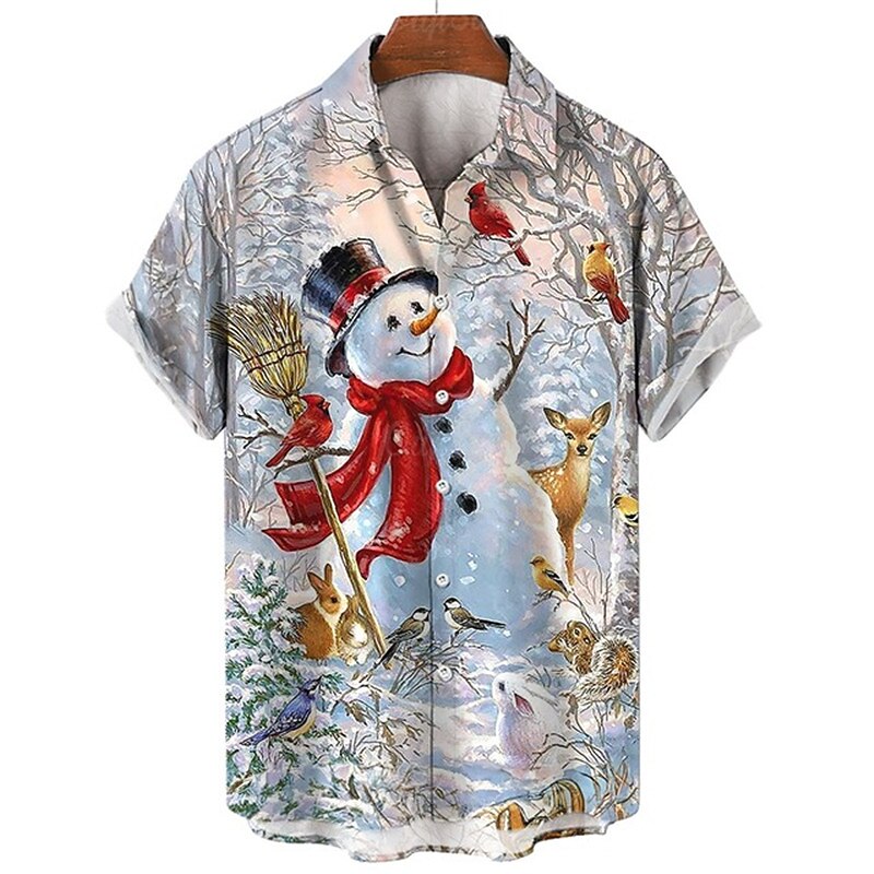 Christmas Men's Christmas Scene Printed Shirts Shirts  Snowman Snowflake Casual Outdoor Street Fall Turndown Short Sleeve Yellow Burgundy Blue S M L