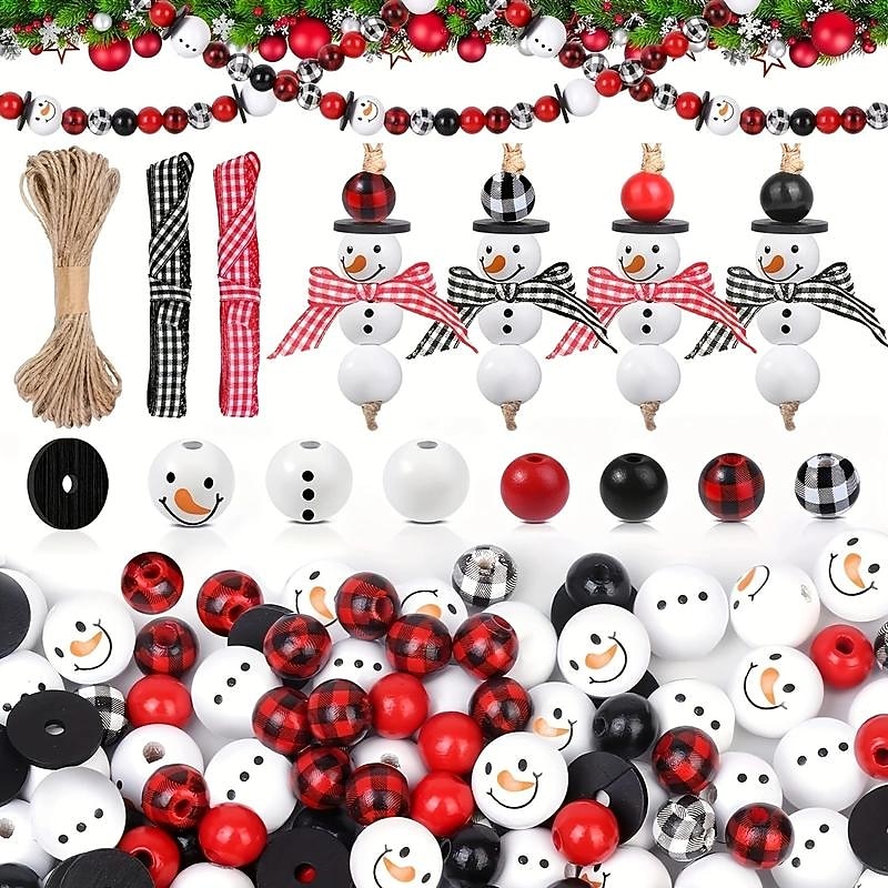 80pcs Christmas Wooden Beads Craft Ornaments Snowman Pattern Round Beads Wooden Beads For DIY Handmade Holiday Party Home Decor