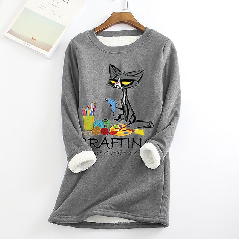 Women's Fleece Lined Pullover Sweatshirt Pajamas Cat Warm Fuzzy Festival Long Sleeve Round Neck Crewneck Long Tops Casual Sports Print Yellow Pink Red Blue Gray Fall & Winter3