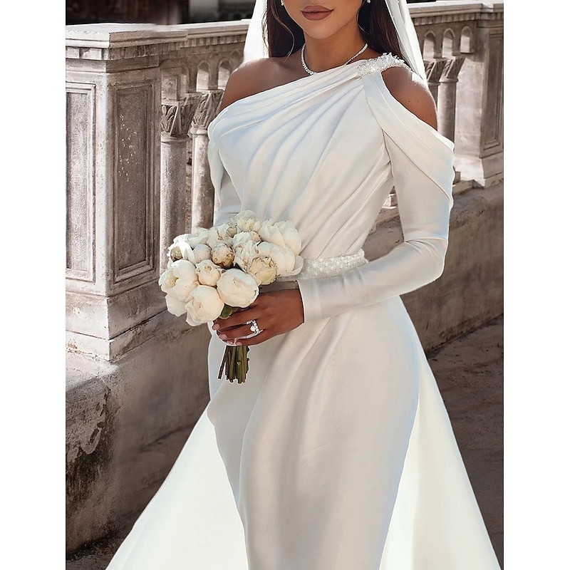 Formal Wedding Dresses Two Piece One Shoulder Long Sleeve Floor Length Satin Bridal Gowns With Sash / Ribbon Beading3