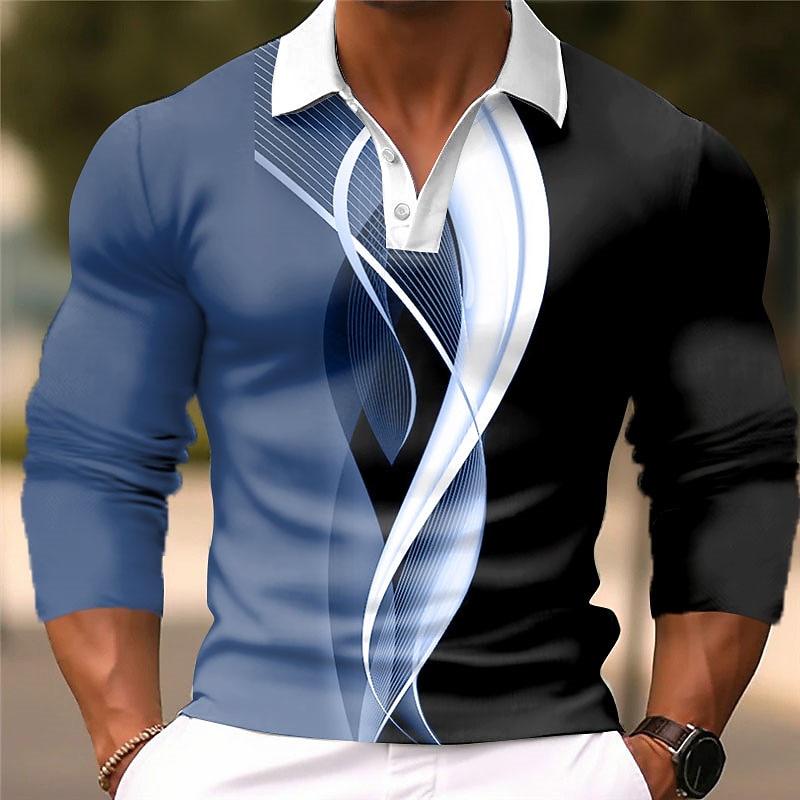 Men's Geometric Polo Shirts Golf Shirt Long Sleeve Polo Shirts Collared Shirts Business Casual WorkWear Formal Wear Festival Wear 3D Print Buttons Fall & Winter White Blue Brown2