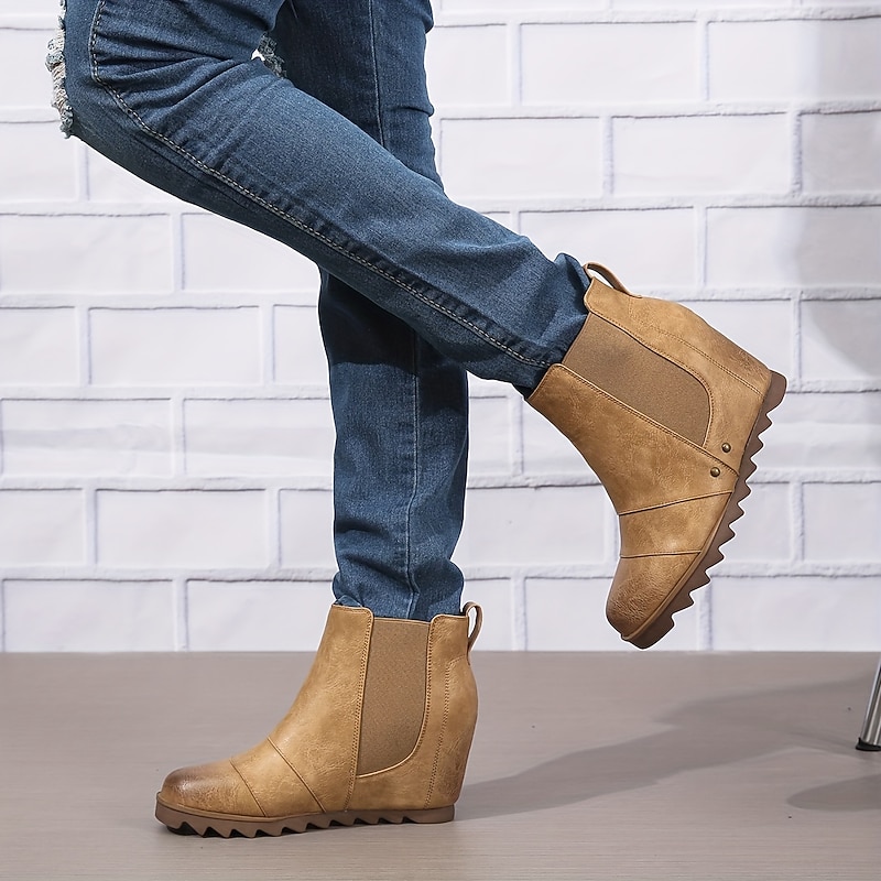 Women's Wedge Ankle Boots with Elastic Panels – Stylish Faux Leather Slip-On Booties3