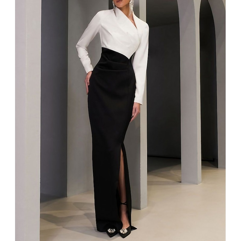 Sheath Evening Gown Elegant Dress Formal Wedding Guest Floor Length Long Sleeve V Neck Black Dress Stretch Fabric with Slit