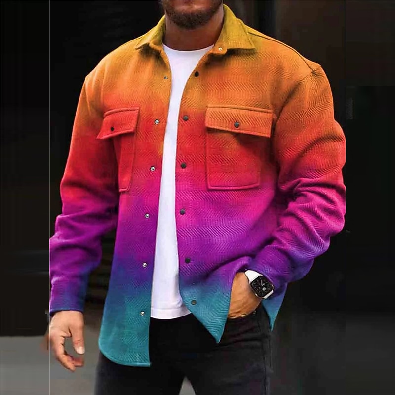 Men's Plaid Geometric Pattern Gradient Ramp Shirt Shirt Jacket Overshirt Long Sleeve Casual Outdoor Street Casual Daily Fall & Winter Turndown Buttons Pocket Print Pink Red Blue Purple Green4