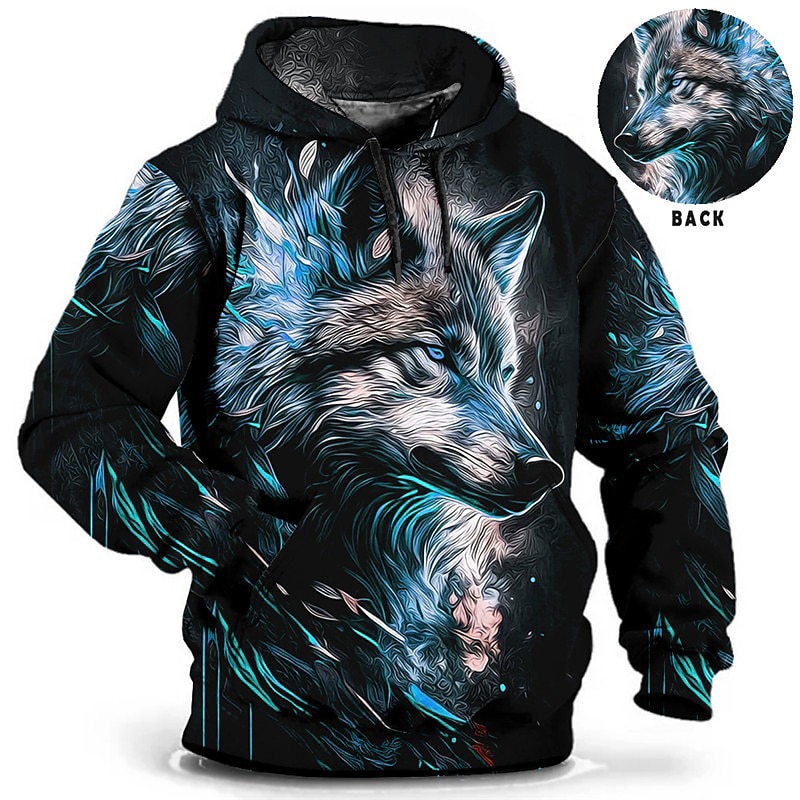 Men's Animal Wolf Graphic Prints Hoodie Hoodies Sweatshirt Daily Classic Long Sleeve Hooded Holiday Going out Streetwear Red Blue Print Spring &  Fall Designer2