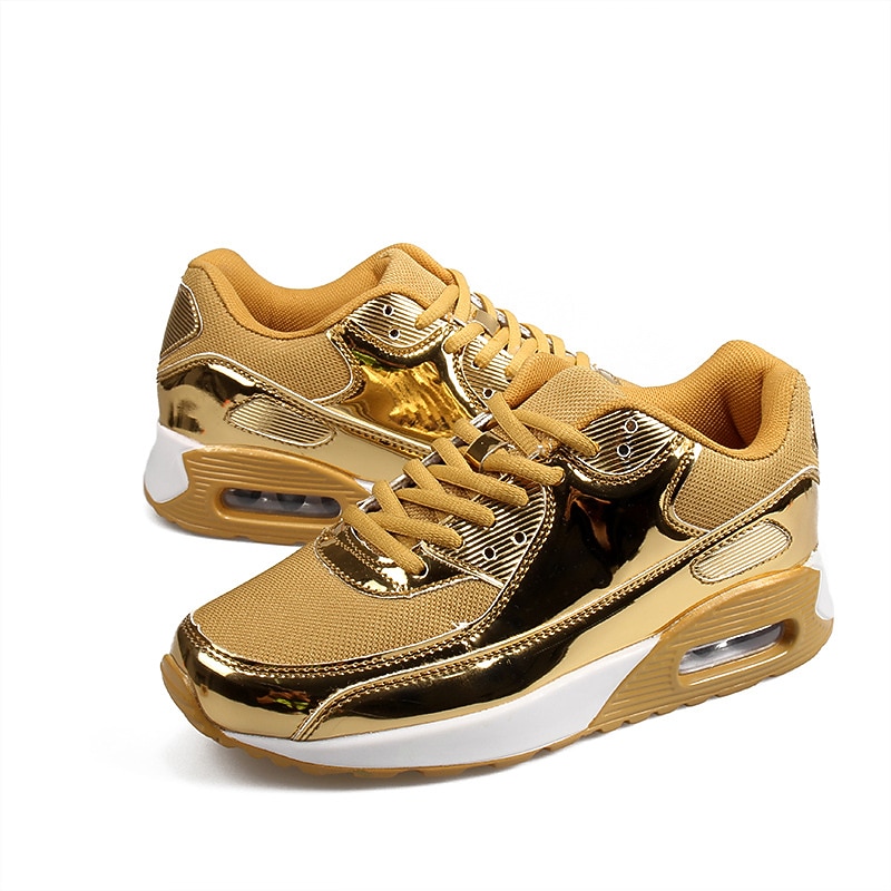 Women's Gold Metallic Running Shoes with Air Cushion Sole for Sports and Fashion