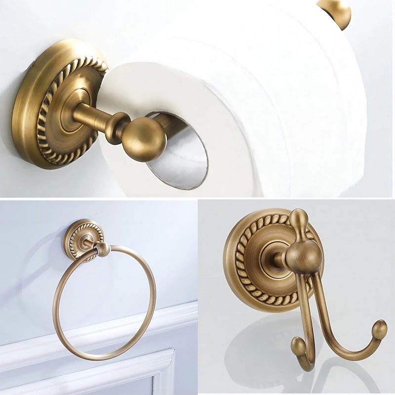 Brushed Brass Towel Holder Antique Brass Vintage Wall Mounted Bathroom Accessory Set for Drilling Shower Wall Retro Country House Style Towel Hooks Toilet Paper Holder4
