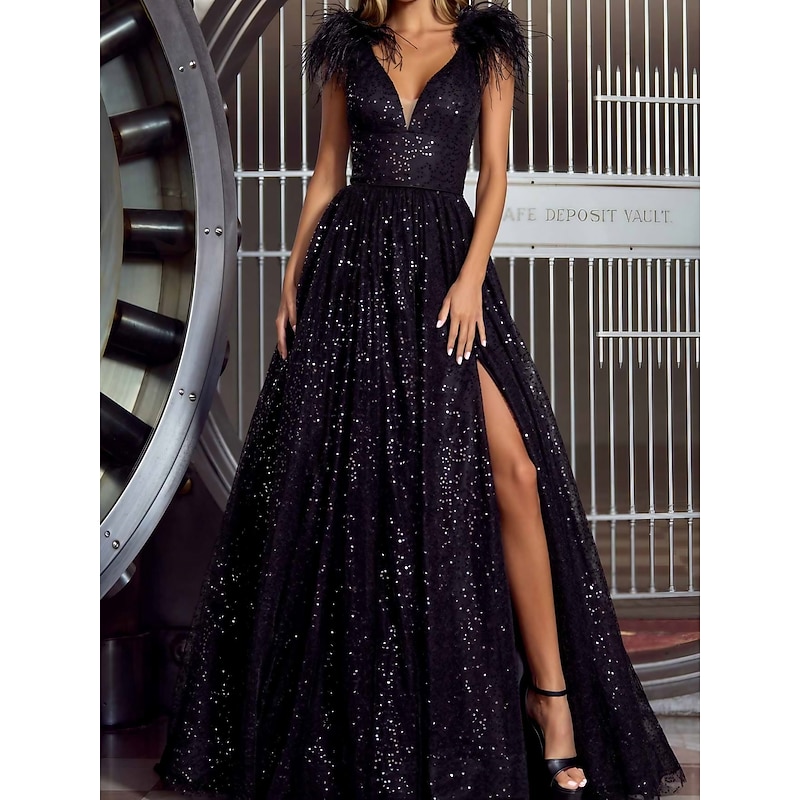 A-Line Evening Gown Elegant Dress Formal Sweep / Brush Train Short Sleeve V Neck Sequined with Feather Sequin Masquerade Dress