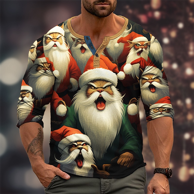 Christmas Men's Santa Claus Henley T Shirt Graphic Hat Fashion Daily Casual 3D Print Henley Casual Holiday Going out Red Brown Green Long Sleeve Henley Spring &  Fall Clothing Apparel S M L XL XXL4