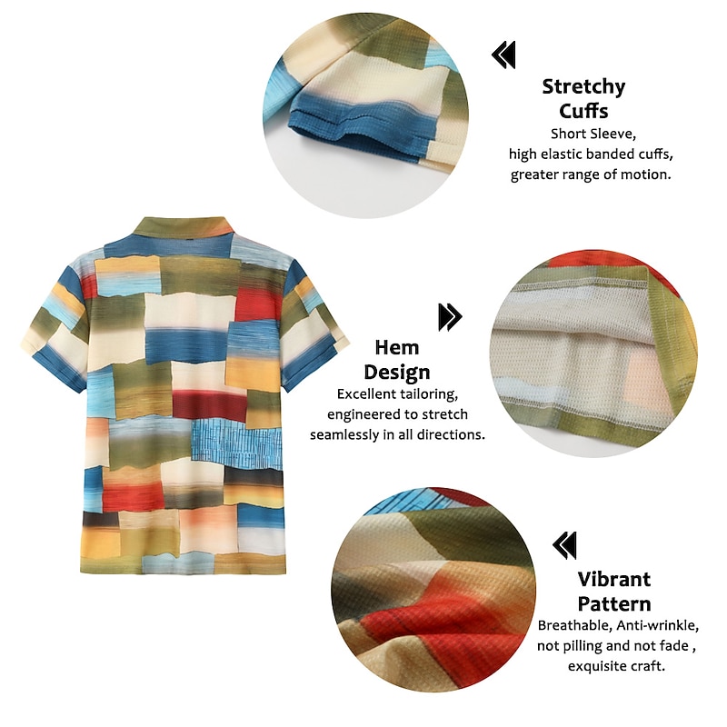 Men's Plaid Waffle Polo Shirts Golf Shirt Short Sleeve Polo Shirts Collared Shirts Vintage Casual Vacation Wear Formal Wear Festival Wear Buttons 3D Print Yellow Pink Blue3