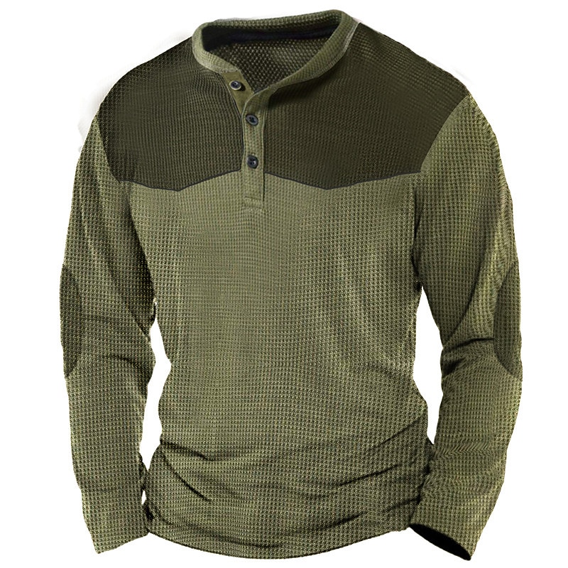 Men's Waffle Tee Button T Shirt Henley Shirt Waffle Knit Tee Long Sleeve Henley Spring &  Fall Color Block Fashion Designer Basic Patchwork Vacation Street Going out Black Blue Brown Top Tee for Men