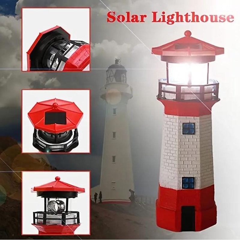 Solar Light Tower, Resin Light Rotating Garden LED Outdoor Smoke Tower Warning Landscape Light Garden Patio Lawn, 360 Degree Rotating Lighthouse Decoration, Lighthouse Gifts2