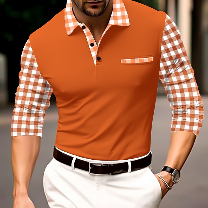 Men's Button Up Polos Polo Shirt Casual Sports Lapel Long Sleeve Fashion Basic Plaid Patchwork Button Spring &  Fall Regular Fit Black Navy Blue Orange Button Up Polos2