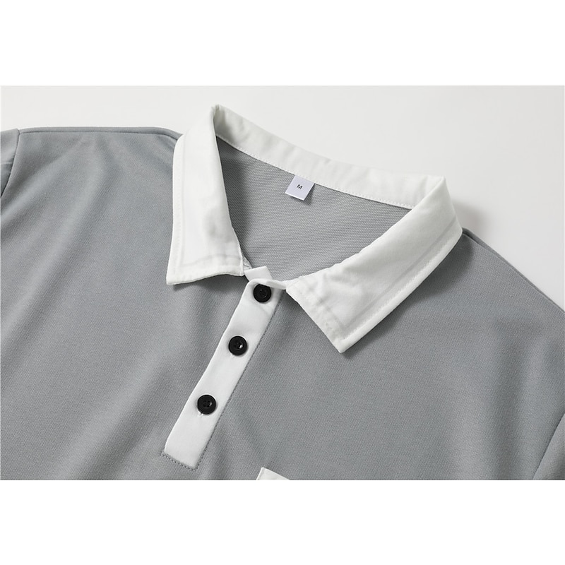 Men's Polo Shirt Button Up Polos Casual Holiday Lapel Long Sleeve Fashion Basic Color Block Patchwork Summer Regular Fit Navy-blue Dark Grey White Burgundy Grey Polo Shirt4