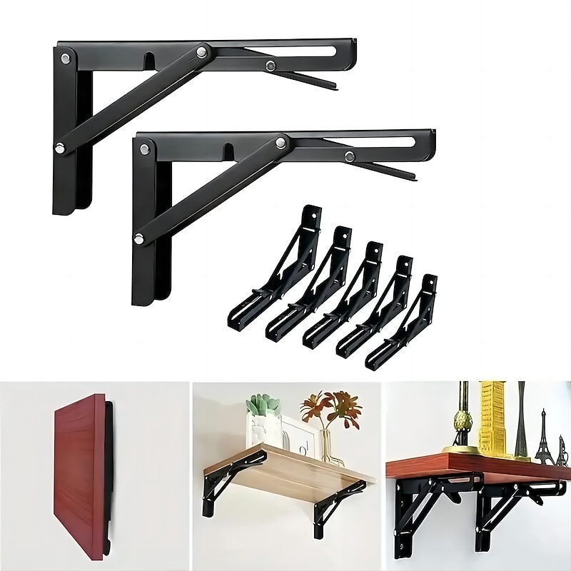 2pcs Heavy Duty Folding Shelf Brackets - 8", 10" & 12" - Wall Mounted for Bench Table with Screws3