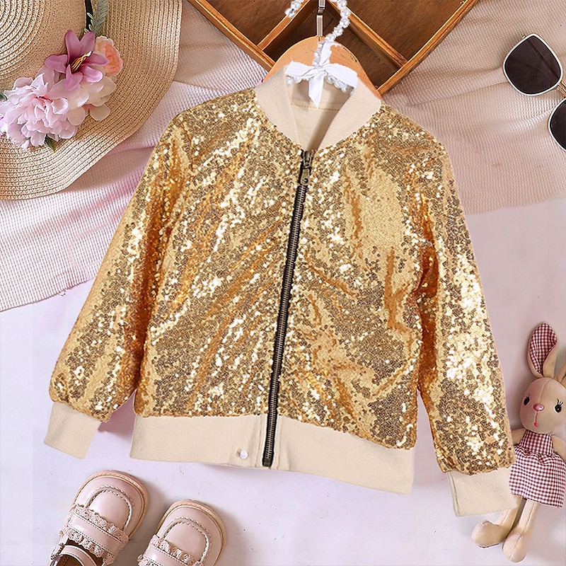 Toddler Girls' Sequin Jacket & Coat Long Sleeve Gold Pink Winter Fall Active Outdoor 3-7 Years3