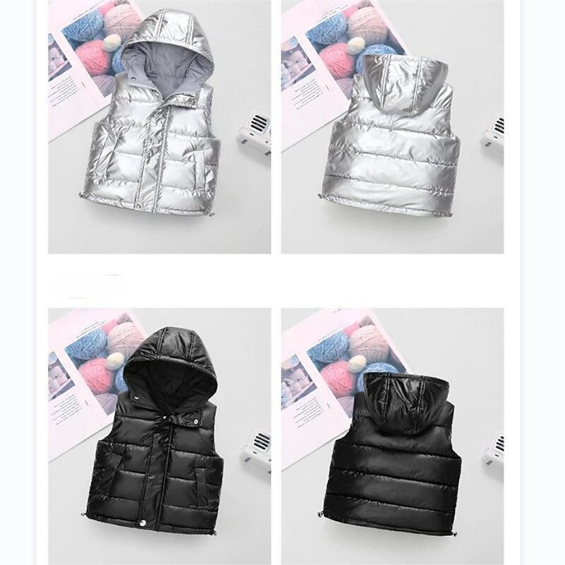 Kids Unisex Vest Coat Sleeveless Silver off white Black Kids Puffer Jacket Solid Color Zipper Spring Fall Cool School 7-13 Years3