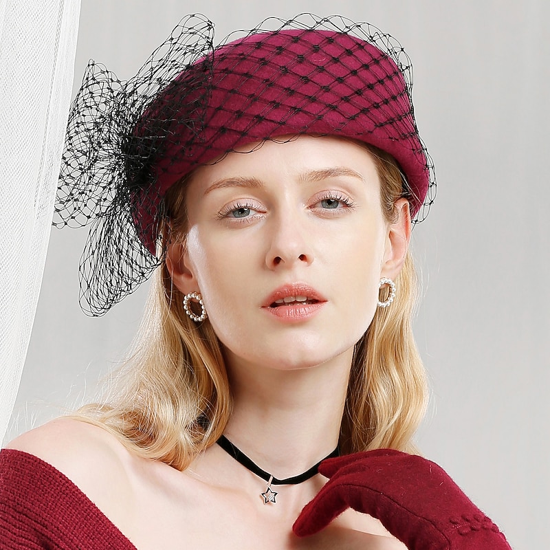 Hats 100% Wool Beret Hat Fedora Hat Casual Cocktail Elegant Wedding With Pure Color Tulle Headpiece Headwear