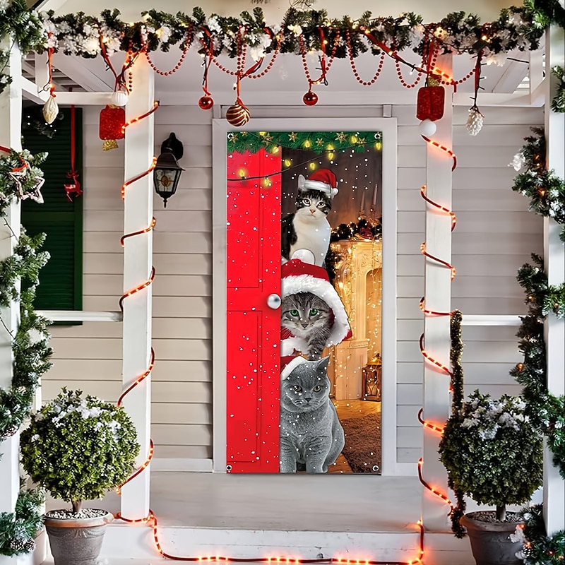 Christmas Door Decorations Cats Door Covers Door Tapestry Door Curtain Decoration Xmas Backdrop Door Banner for Front Door Holiday Party Decor Supplies4