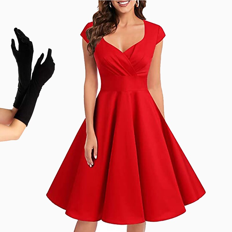 Retro Vintage 1950s Knee Length Swing Dress Flare Dress V Neck Fancy Dress Women's Masquerade Party Prom Casual Daily Adults' Dress Gloves Homecoming Dresses
