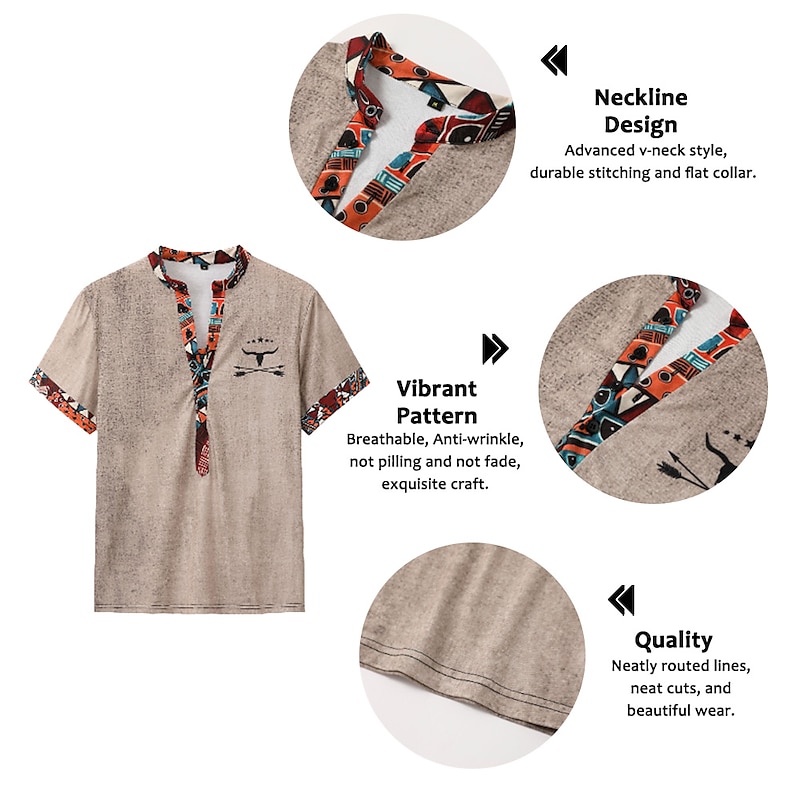 Men's Graphic Tribal Henley Shirt Short Sleeve 3D Print Fashion Designer Basic Outdoor Daily Summer Blue Khaki Gray Stand Collar Henley T-Shirt2