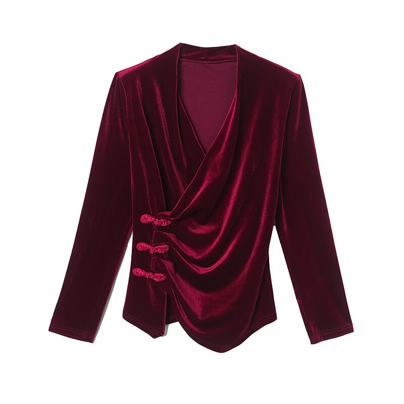 Women's Shirt Blouse Plain Fashion Long Sleeve V Neck Regular Tops Casual Flowing tunic Black Wine Fall & Winter4