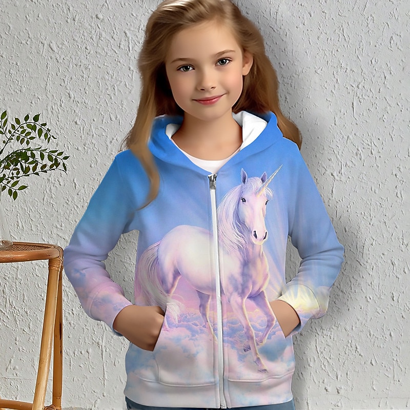 Girls' 3D Horse Hoodie Coat Outerwear Long Sleeve 3D Print Fall Winter Active Fashion Cute Polyester Kids 3-12 Years Outdoor Casual Daily Regular Fit