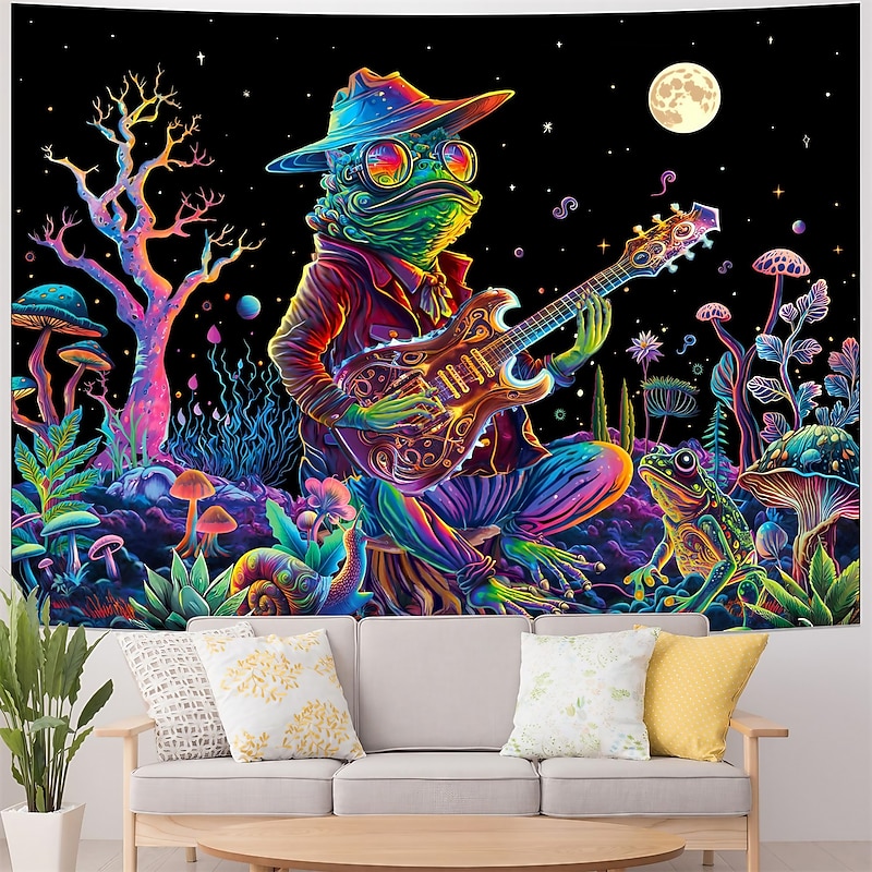 Blacklight Tapestry UV Reactive Glow in the Dark Glow Party Neon Trippy Misty Frog Guitar Hanging Tapestry Wall Art Mural for Living Room Bedroom
