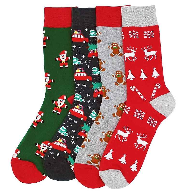 4PCS Mens Christmas Patterned Dress Socks Funny Novelty Crazy Design Cotton Socks Gift for Men Santa Claus Christmas Eve Gifts4