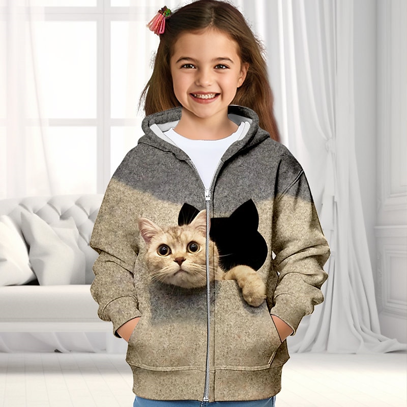 Girls' 3D Cat Hoodie Coat Outerwear Long Sleeve 3D Print Fall Winter Active Fashion Cute Polyester Kids 3-12 Years Outdoor Casual Daily Regular Fit4