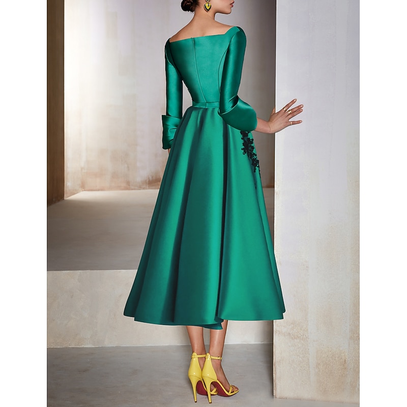 A-Line Cocktail Dresses Elegant Dress Wedding Wedding Guest Tea Length 3/4 Length Sleeve V Neck Satin with Bow(s) Appliques Dresses2